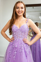 Load image into Gallery viewer, Lilac A-Line Spaghetti Straps Tulle Prom Dress with Appliques