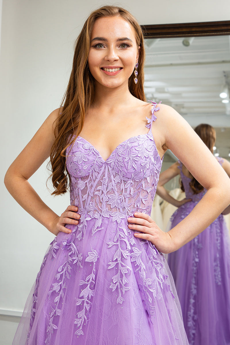 Load image into Gallery viewer, Lilac A-Line Spaghetti Straps Tulle Prom Dress with Appliques