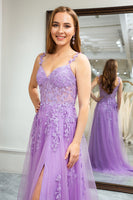 Load image into Gallery viewer, Lilac A-Line Spaghetti Straps Tulle Prom Dress with Appliques