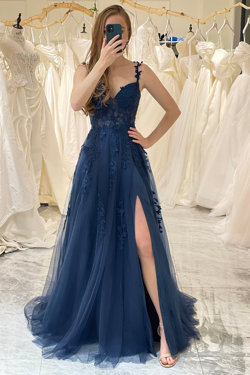white christmas dresses Hellymoon Women Navy A-Line Spaghetti Straps Tulle Princess Corset Prom  Dress with Appliques – hellymoonuk