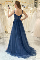 Load image into Gallery viewer, Navy A-Line Spaghetti Straps Tulle Prom Dress with Appliques