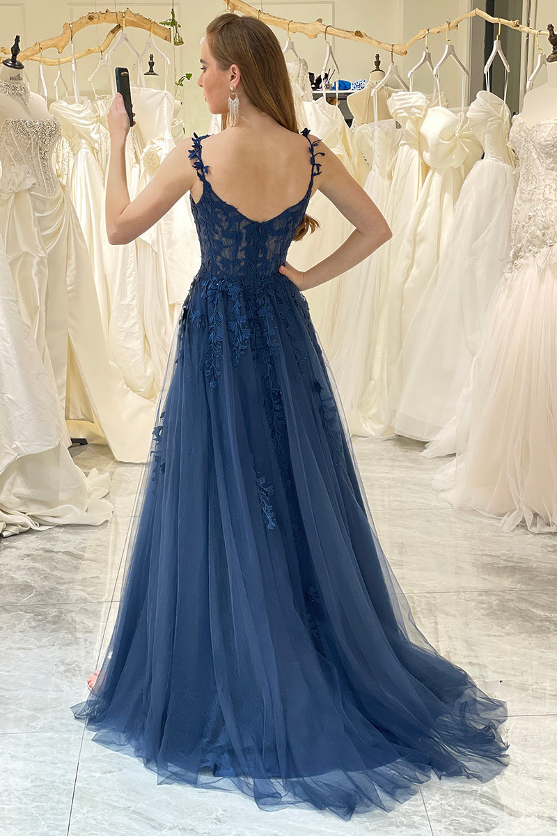 Hellymoon Women Navy A-Line Spaghetti Straps Tulle Princess Corset Prom Dress with Appliques hellymoonuk Hellymoon Women Navy A-Line Spaghetti Straps Tulle Princess Corset Prom Dress with Appliques hellymoonuk