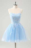 Load image into Gallery viewer, Cute Glitter Blue A Line Sequins Short Homecoming Dress with Appliques