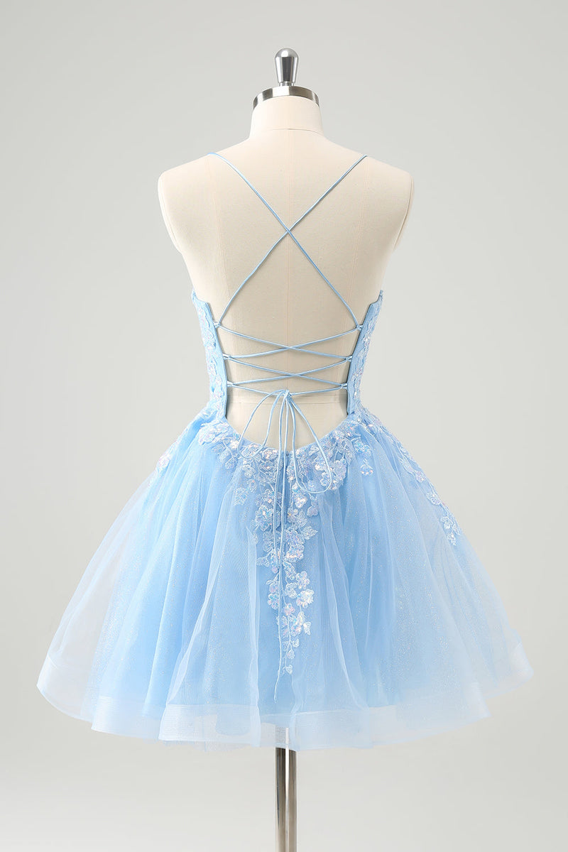 Load image into Gallery viewer, Cute Glitter Blue A Line Sequins Short Homecoming Dress with Appliques