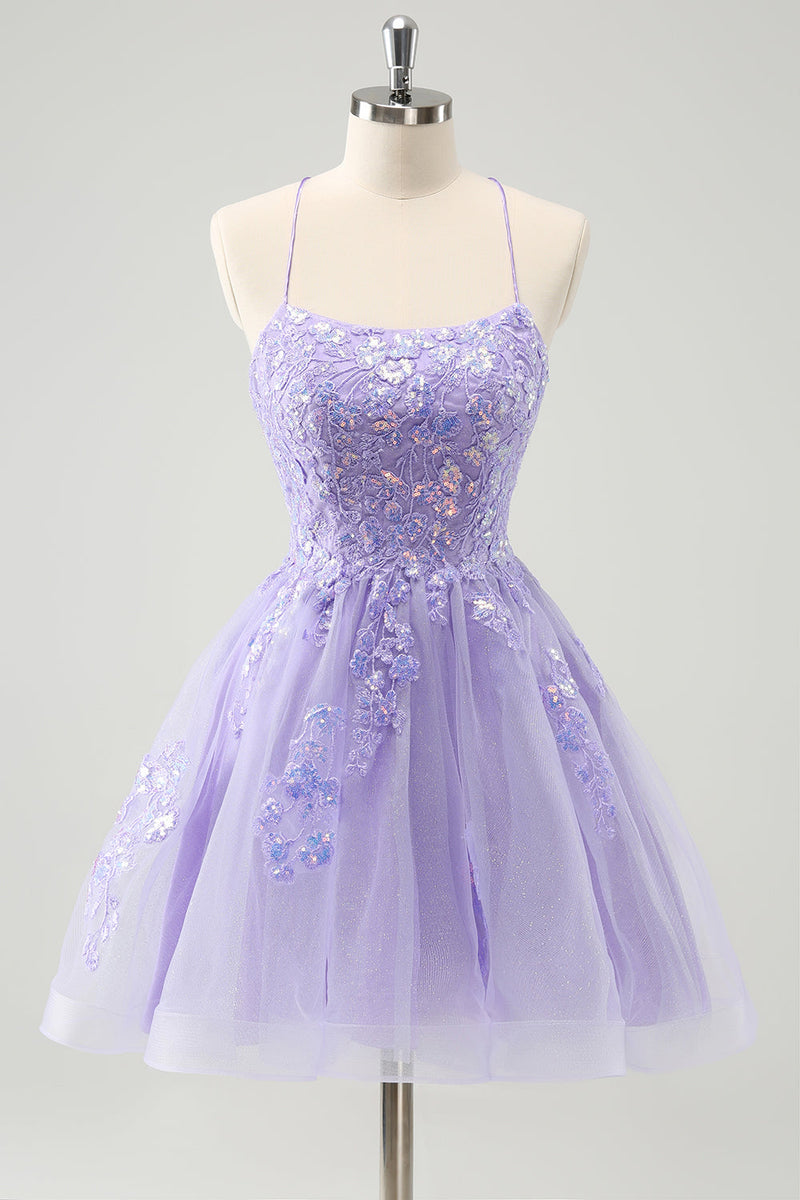 Load image into Gallery viewer, Cute Glitter Blue A Line Sequins Short Homecoming Dress with Appliques