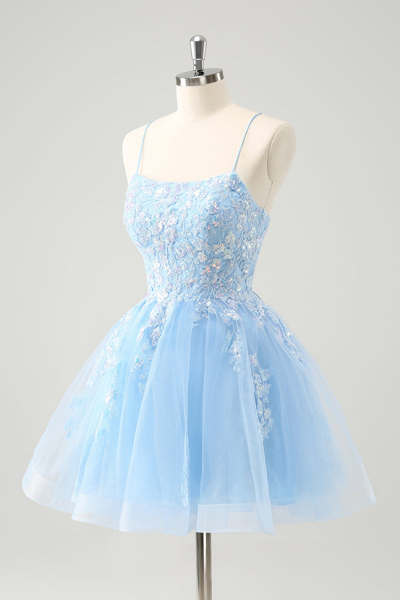 Load image into Gallery viewer, Cute Glitter Blue A Line Sequins Short Homecoming Dress with Appliques