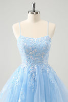 Load image into Gallery viewer, Cute Glitter Blue A Line Sequins Short Homecoming Dress with Appliques