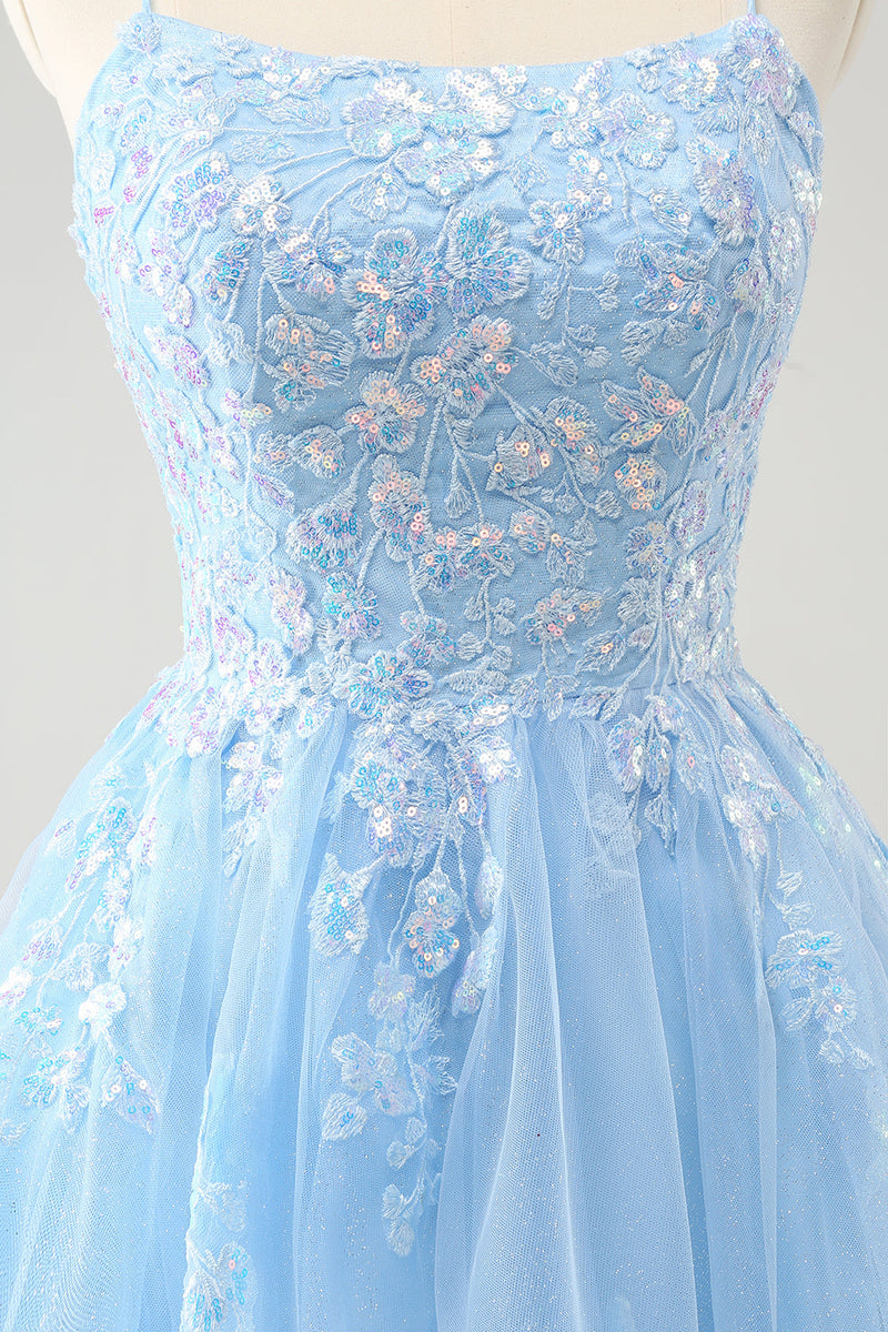 Load image into Gallery viewer, Cute Glitter Blue A Line Sequins Short Homecoming Dress with Appliques