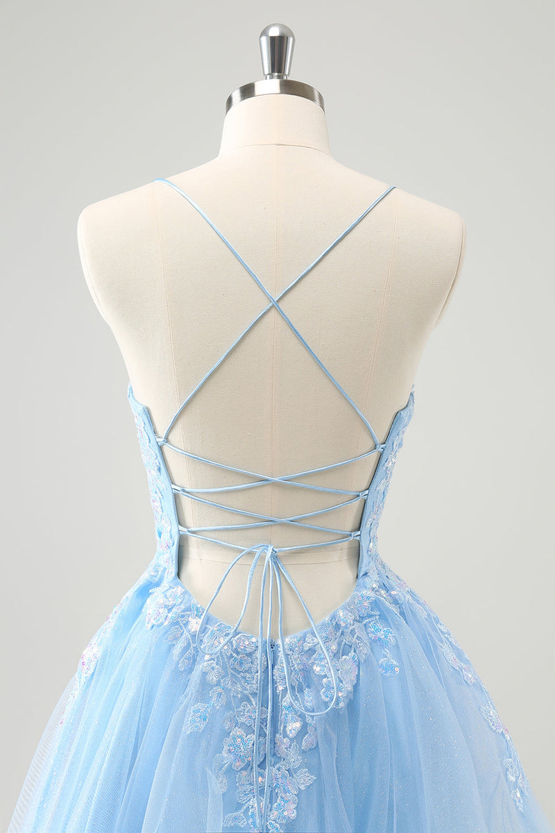 Load image into Gallery viewer, Cute Glitter Blue A Line Sequins Short Homecoming Dress with Appliques