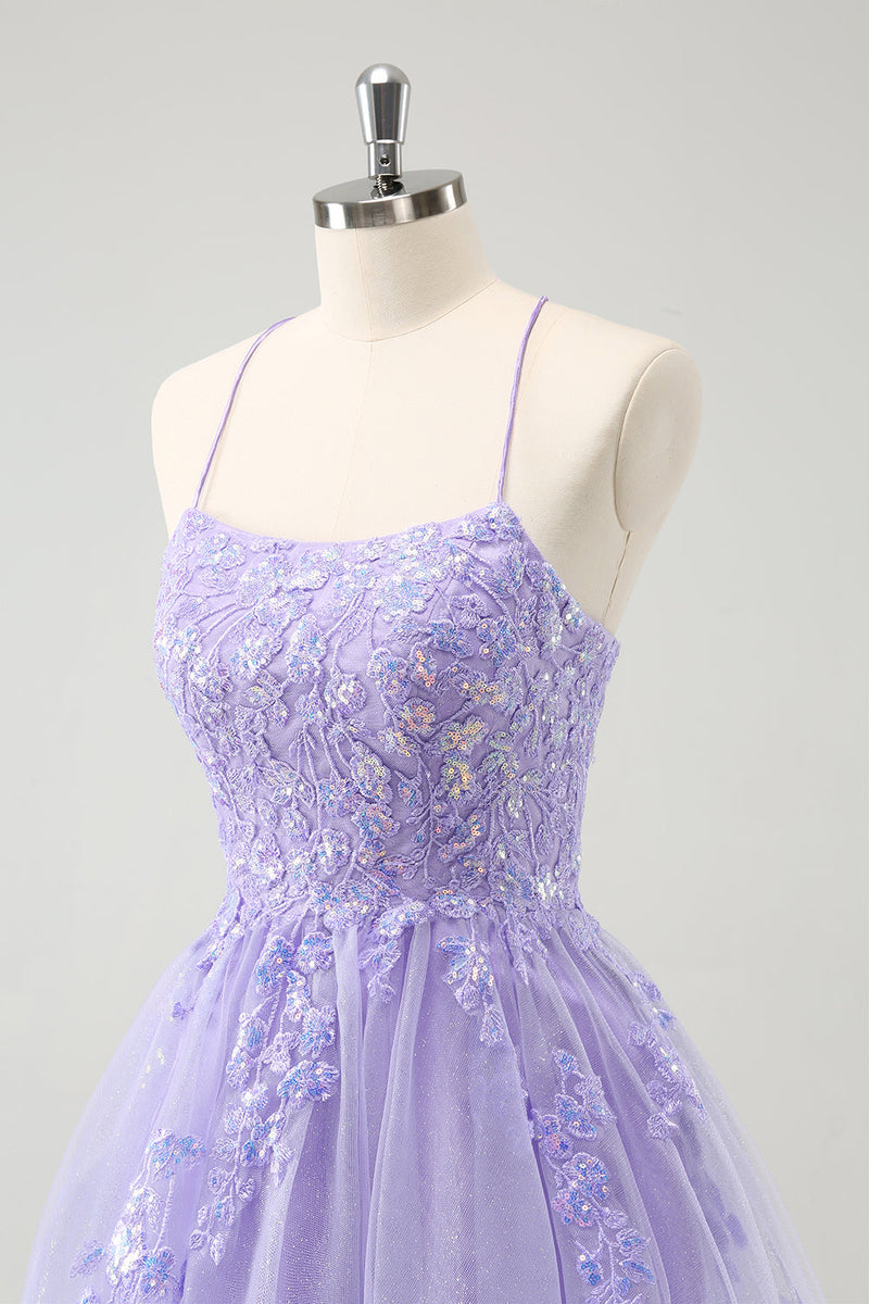 Load image into Gallery viewer, Cute Glitter Blue A Line Sequins Short Homecoming Dress with Appliques