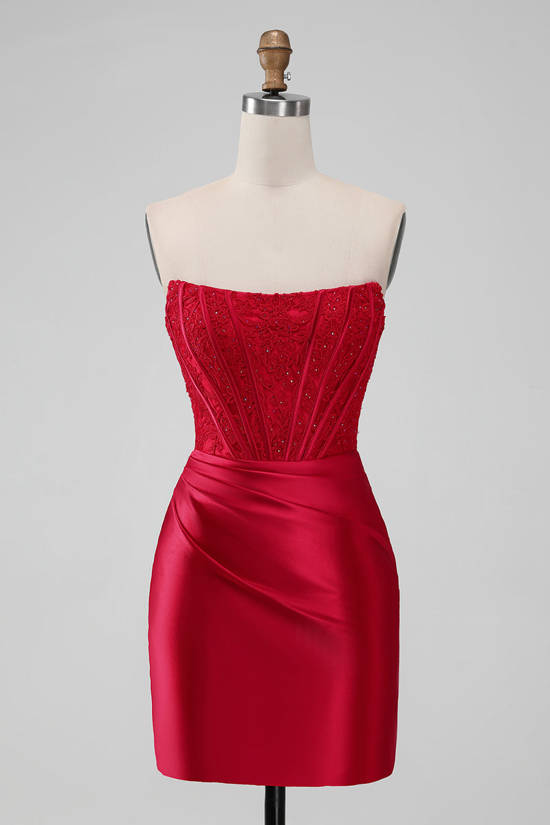 Load image into Gallery viewer, Red Corset Strapless Short Graduation Dress with Appliques