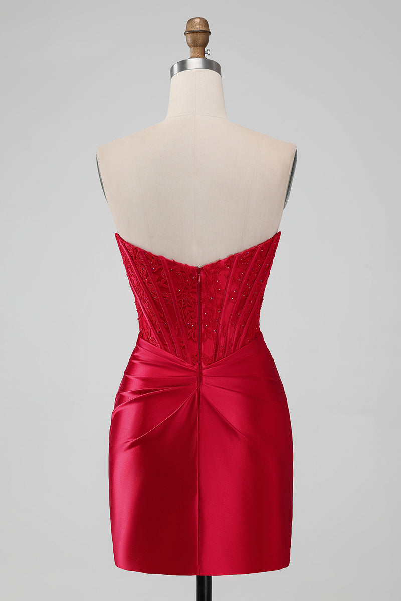 Load image into Gallery viewer, Red Corset Strapless Short Graduation Dress with Appliques