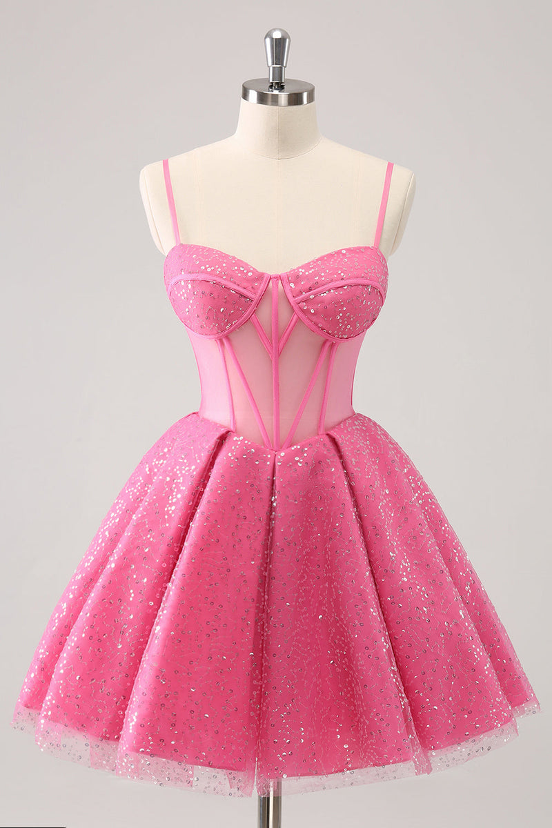 Load image into Gallery viewer, Pink A-Line Spaghetti Straps Corset Cocktail Dress with Sequins