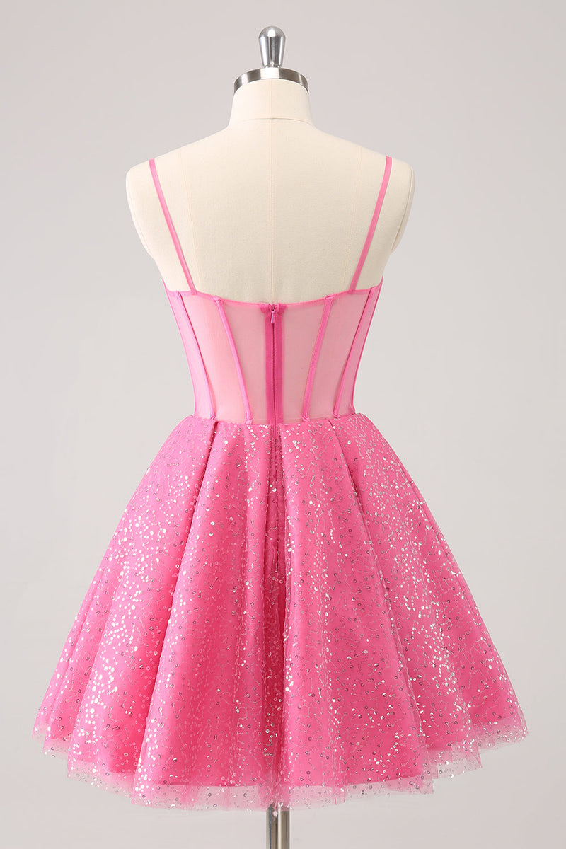 Load image into Gallery viewer, Pink A-Line Spaghetti Straps Corset Cocktail Dress with Sequins