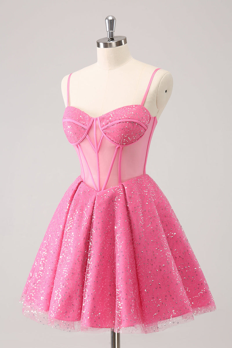 Load image into Gallery viewer, Pink A-Line Spaghetti Straps Corset Cocktail Dress with Sequins