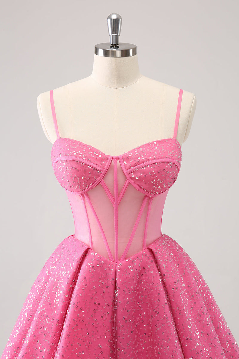 Load image into Gallery viewer, Pink A-Line Spaghetti Straps Corset Cocktail Dress with Sequins