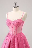 Load image into Gallery viewer, Pink A-Line Spaghetti Straps Corset Cocktail Dress with Sequins