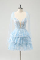 Load image into Gallery viewer, Glitter Blue A Line Embroidery Tiered Homecoming Dress with Appliques