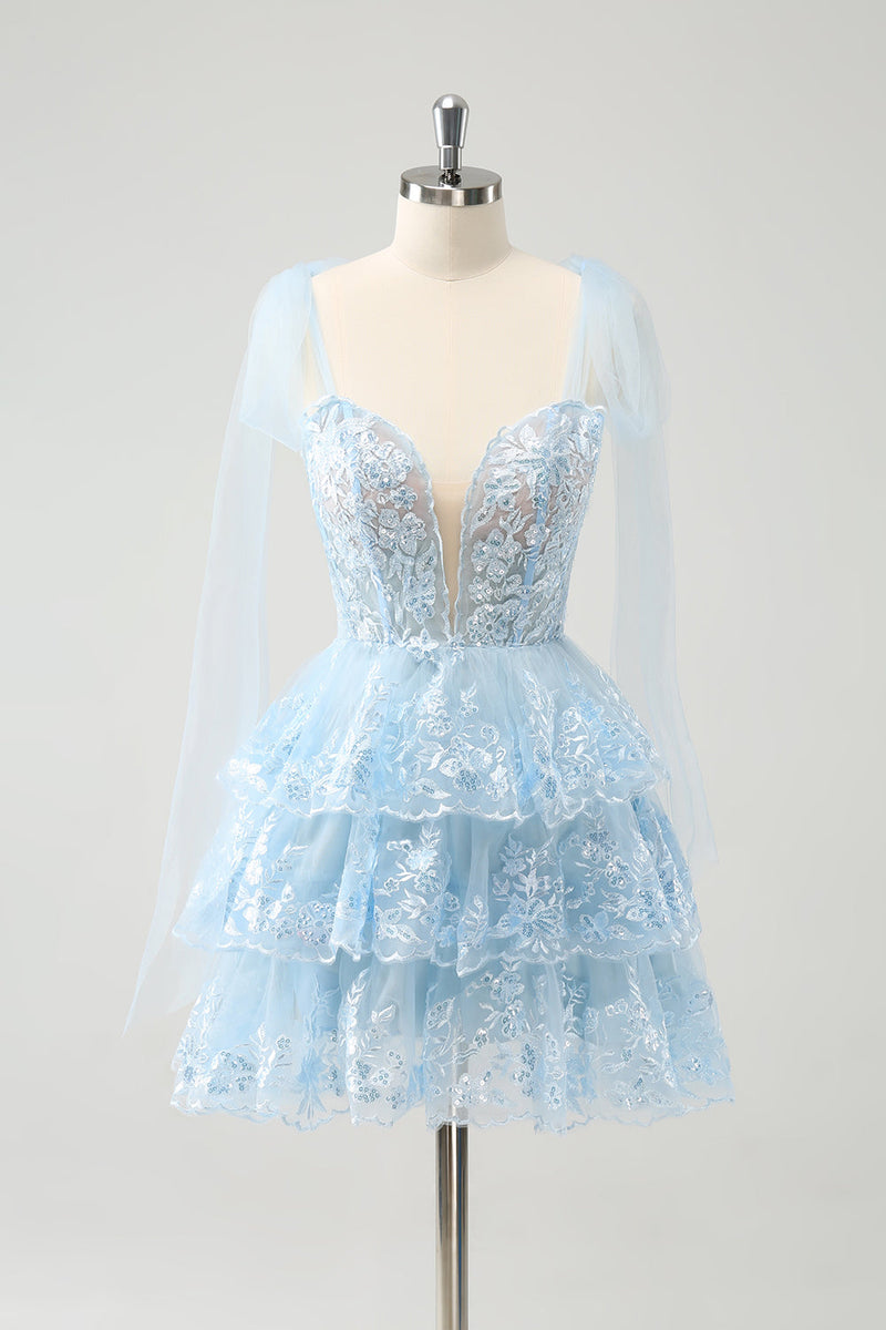 Load image into Gallery viewer, Glitter Blue A Line Embroidery Tiered Homecoming Dress with Appliques