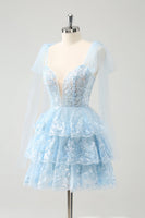 Load image into Gallery viewer, Glitter Blue A Line Embroidery Tiered Homecoming Dress with Appliques