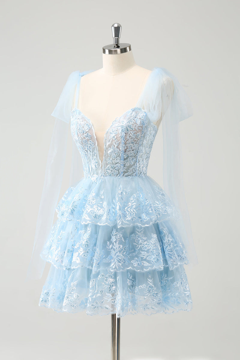 Load image into Gallery viewer, Glitter Blue A Line Embroidery Tiered Homecoming Dress with Appliques