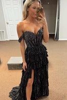 Load image into Gallery viewer, Sparkly Beaded Black Silver A Line Corset Tiered Prom Dress
