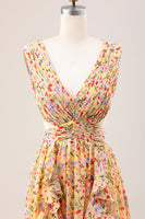 Load image into Gallery viewer, Yellow Small Flower A Line V Neck Pleated Ruffles Wedding Guest Dress