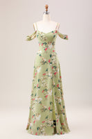 Load image into Gallery viewer, Green A Line Spaghetti Straps Floral Wedding Guest Dress with Slit