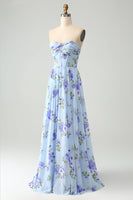 Load image into Gallery viewer, Blue Floral A Line Sweetheart Strapless Pleated Long Wedding Guest Dress