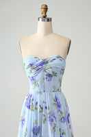 Load image into Gallery viewer, Blue Floral A Line Sweetheart Strapless Pleated Long Wedding Guest Dress
