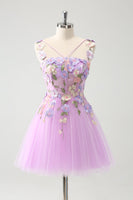 Load image into Gallery viewer, Purple A Line Halter Flowers Tulle Short Homecoming Dress