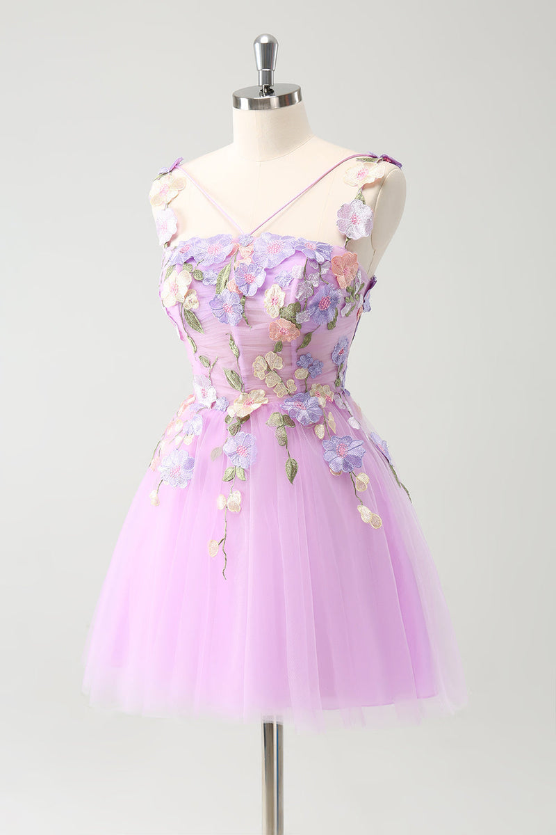 Load image into Gallery viewer, Purple A Line Halter Flowers Tulle Short Homecoming Dress
