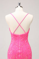 Load image into Gallery viewer, Sparkly Hot Pink Tight Sequins V Neck Homecoming Dress with Fringes