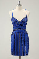 Load image into Gallery viewer, Sparkly Royal Blue Tight Sequined Spaghetti Straps Graduation Dress