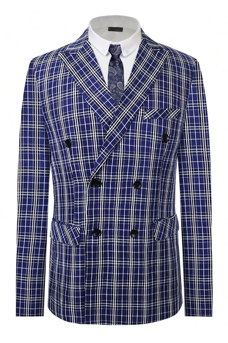 Load image into Gallery viewer, Royal Blue Plaid Peak Lapel Double Breasted 2 Piece Men's Suit