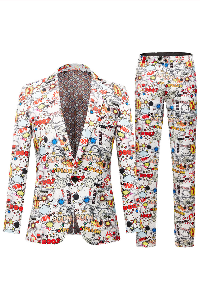 Load image into Gallery viewer, Notched Lapel White 2 Pieces Graffiti Print Men's Prom Suits