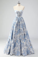 Load image into Gallery viewer, Cute Blue A Line Sweetheart Corset Brocade Long Prom Dress