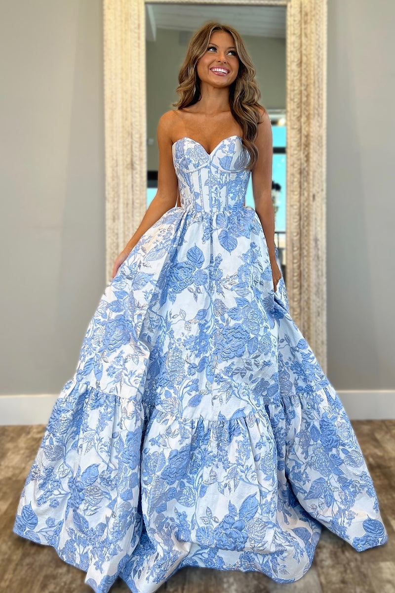 Hellymoon Women Chic Blue Corset Prom Dress Floral Sweetheart A Line