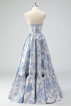 Cute Blue A Line Sweetheart Corset Brocade Long Prom Dress