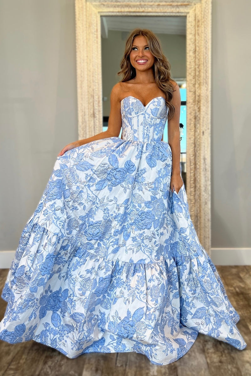 Hellymoon Women Chic Blue Corset Prom Dress Floral Sweetheart A Line