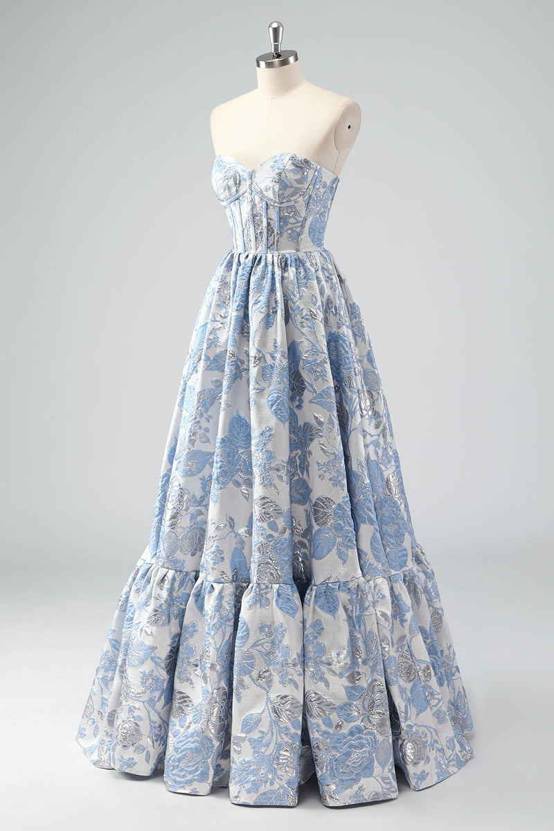 Load image into Gallery viewer, Cute Blue A Line Sweetheart Corset Brocade Long Prom Dress