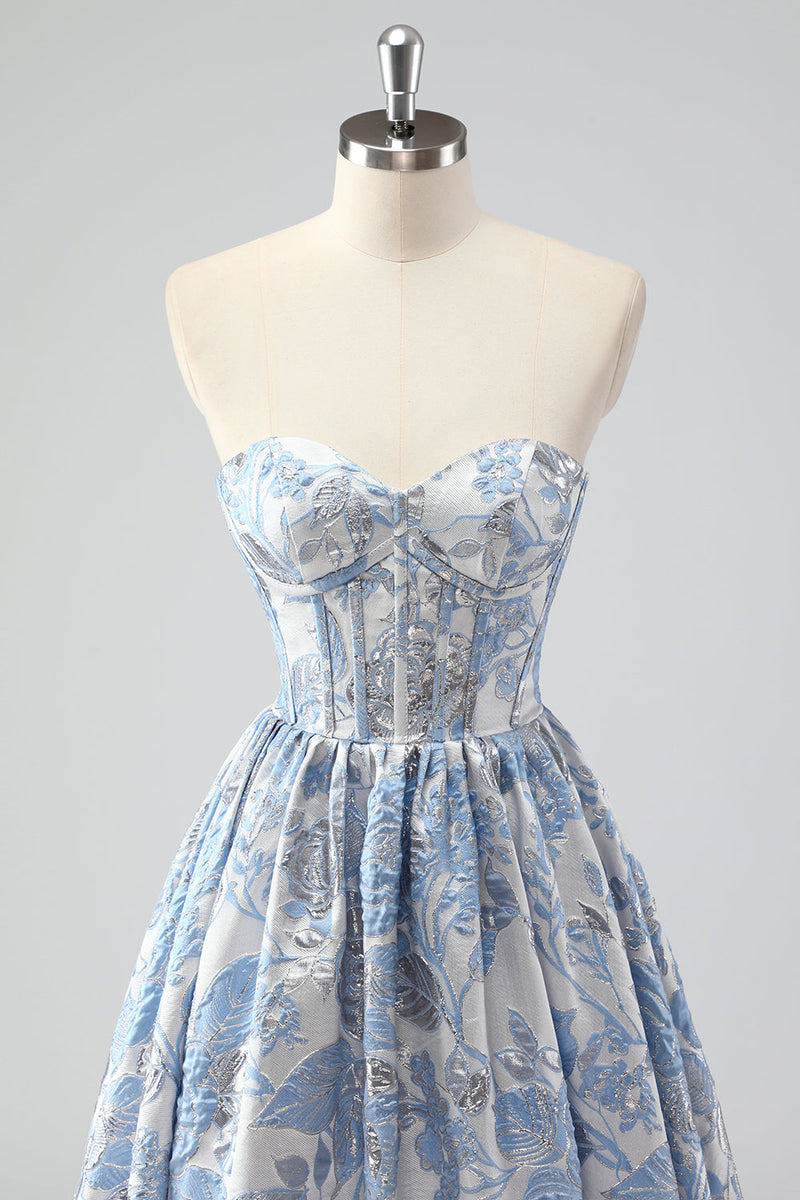 Load image into Gallery viewer, Cute Blue A Line Sweetheart Corset Brocade Long Prom Dress