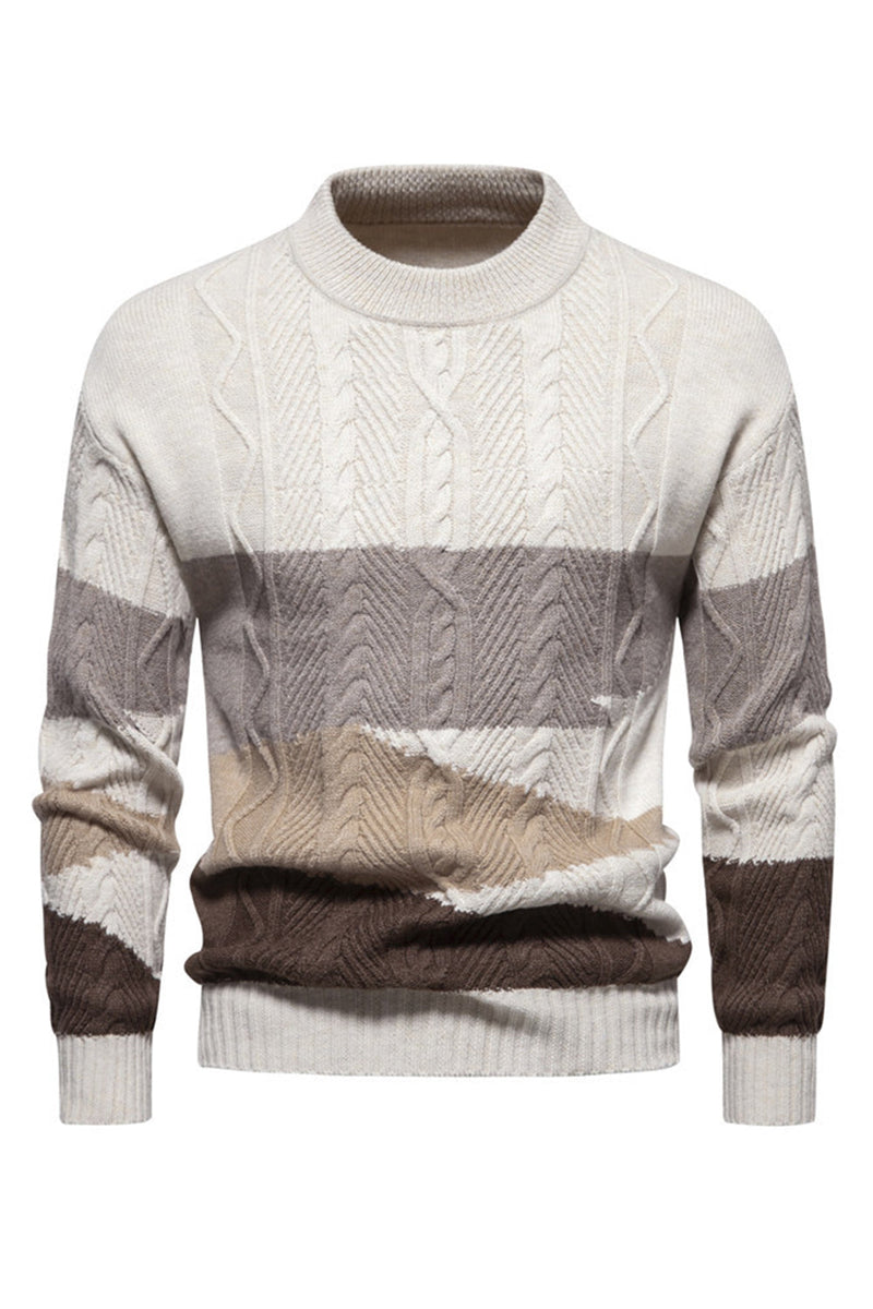 Load image into Gallery viewer, Men's White Round Neck Colorblock Cable Pullover Sweater