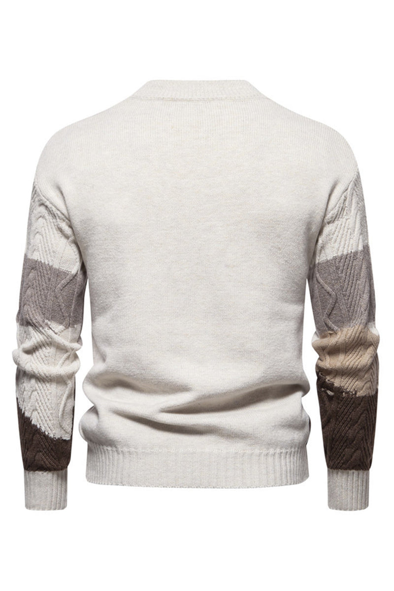 Load image into Gallery viewer, Men's White Round Neck Colorblock Cable Pullover Sweater