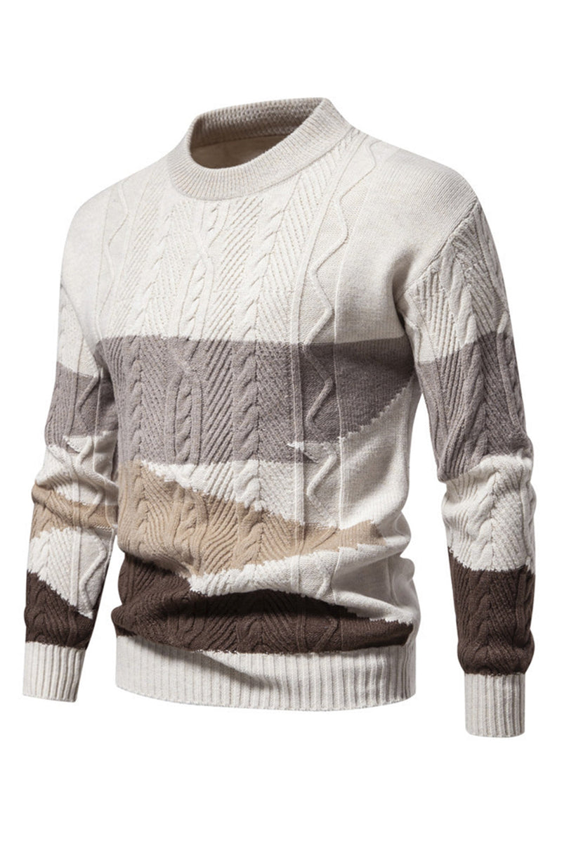 Load image into Gallery viewer, Men's White Round Neck Colorblock Cable Pullover Sweater