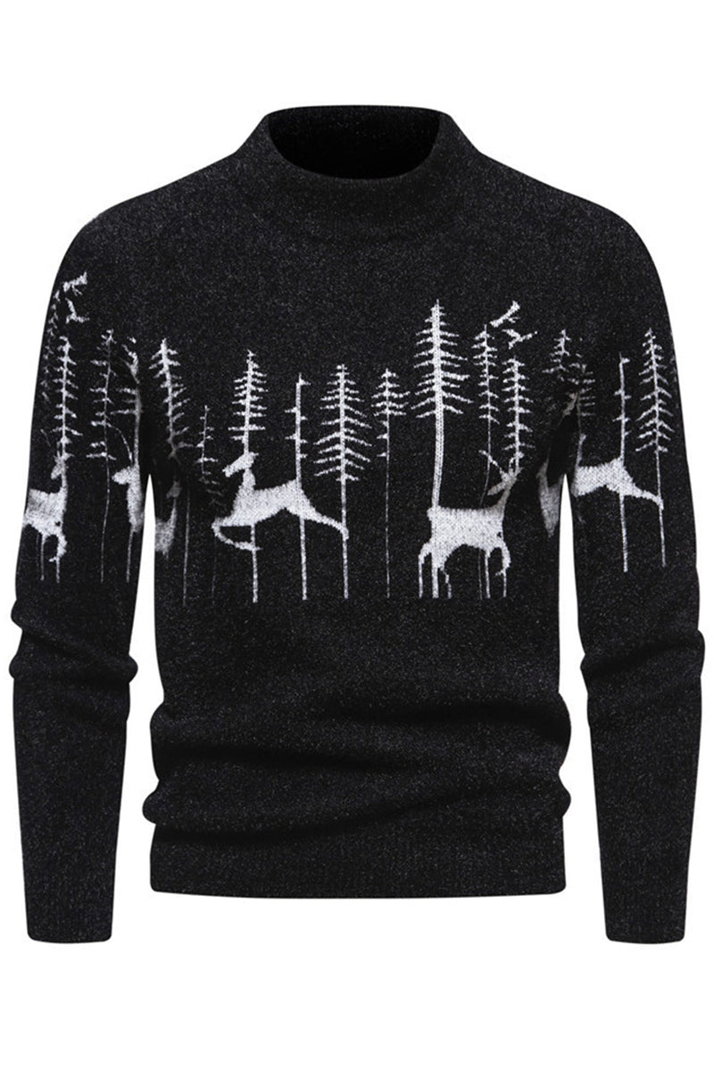 Load image into Gallery viewer, Men's Black Slim-fit Crew Neck Christmas Deer Print Sweater