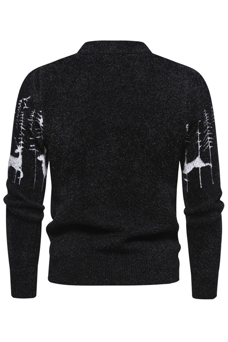 Load image into Gallery viewer, Men's Black Slim-fit Crew Neck Christmas Deer Print Sweater