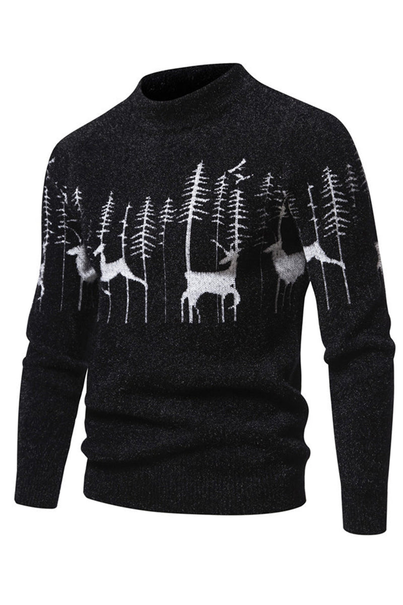 Load image into Gallery viewer, Men's Black Slim-fit Crew Neck Christmas Deer Print Sweater