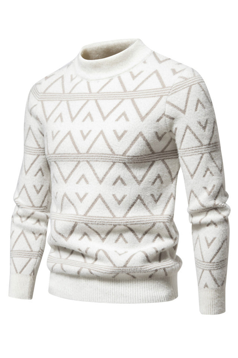 Load image into Gallery viewer, White Men's Round Neck Striped Print Pullover Sweater
