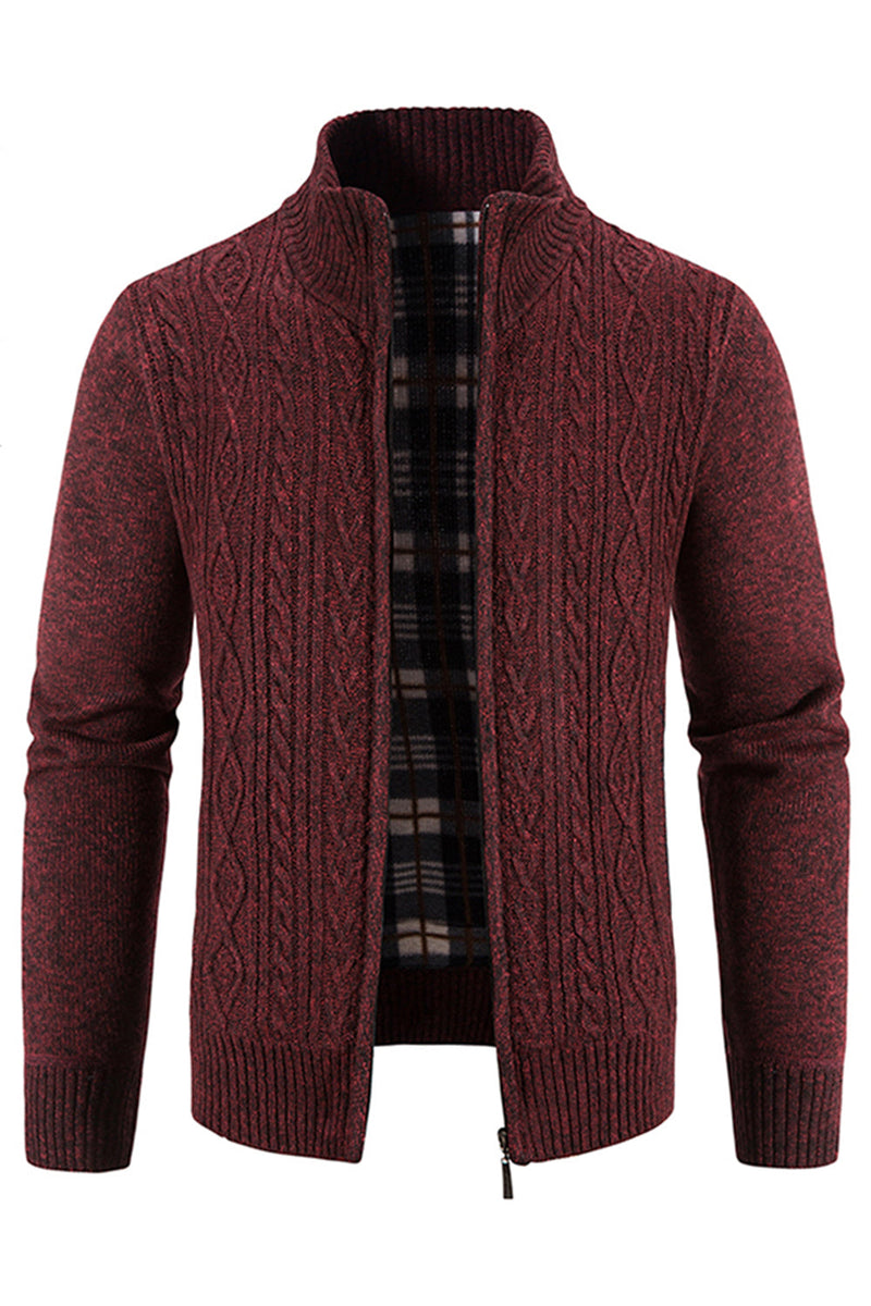 Load image into Gallery viewer, Men's Burgundy Stand Collar Thickened Cardigan Sweater